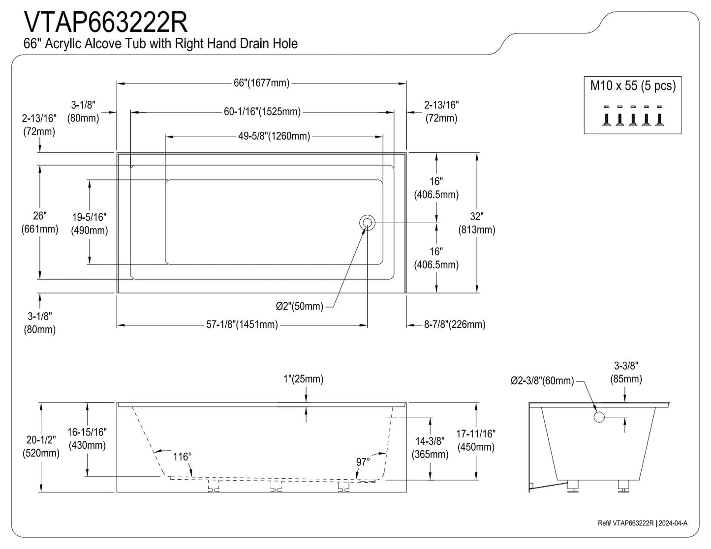 Aqua Eden VTAP663222R 66-Inch Acrylic 3-Wall Alcove Tub with Right Hand Drain, White