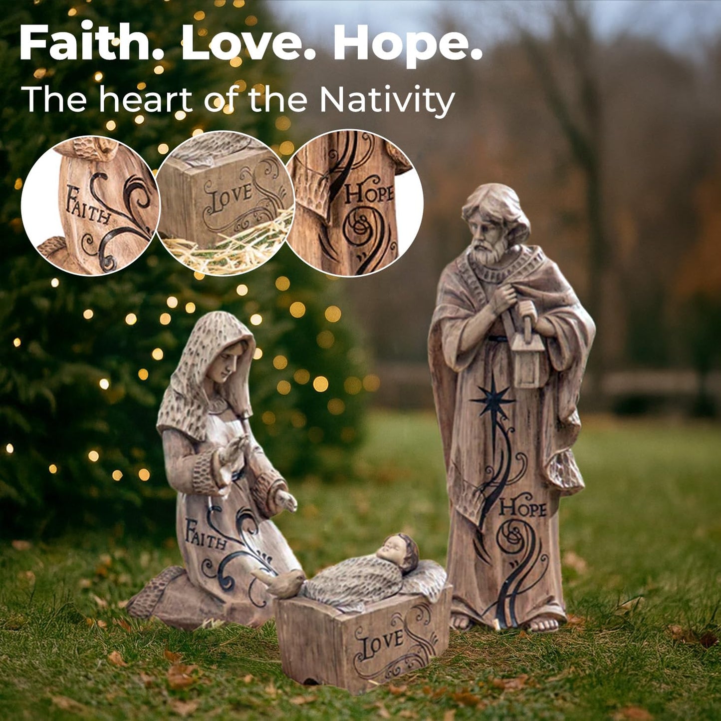 Holy Family Nativity Scene for Christmas Indoor and Outdoor Statue | 3 Feet Tall | Set with 3 Pieces Mary Joseph and Removable Baby Jesus | Religious Decorations Holiday Collection and Gifts