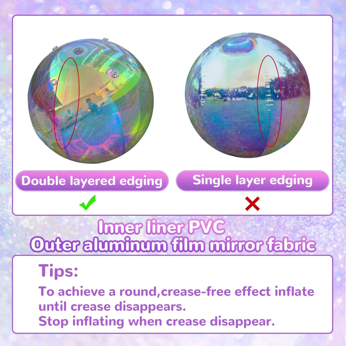 5Pcs Inflatable Mirror Ball, Iridescent Big Shiny Balls Inflatable-Includes 23.6in/31.4in/39.3in/47.2in/59in