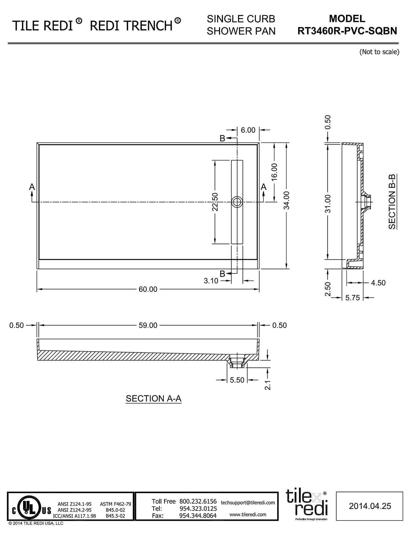 Tile Redi RT3460R-PVC-SQBN Shower Pan with Right Drain- Single Curb Shower Base, 2" PVC Drain, and Grate Included, 60" Width x 34" Depth