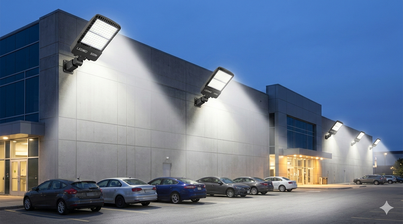 LEDMO 350W commercial LED parking lot flood lights installed outdoors.