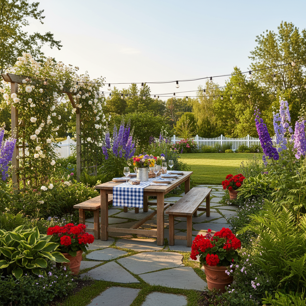 Backyard garden with patio furniture and lush green plants