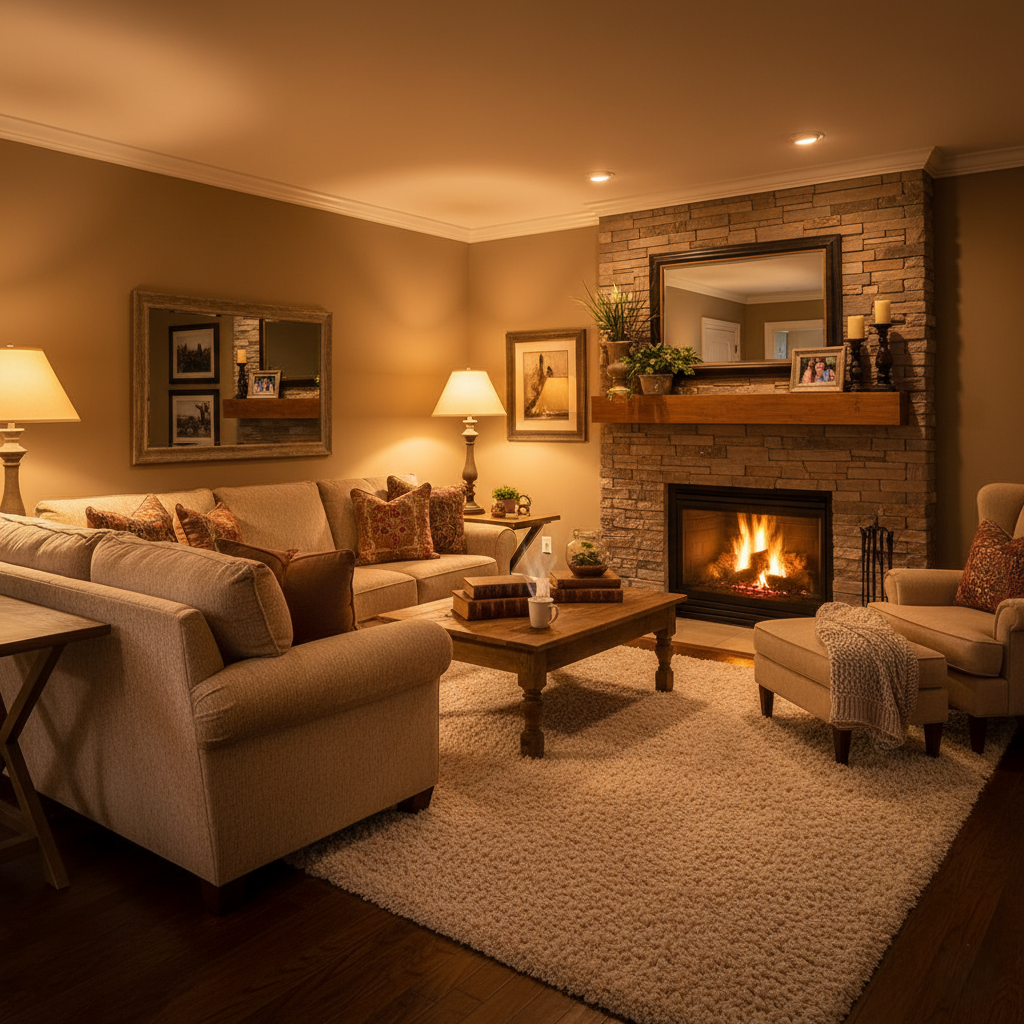 Living room with warm ambient lighting and cozy atmosphere
