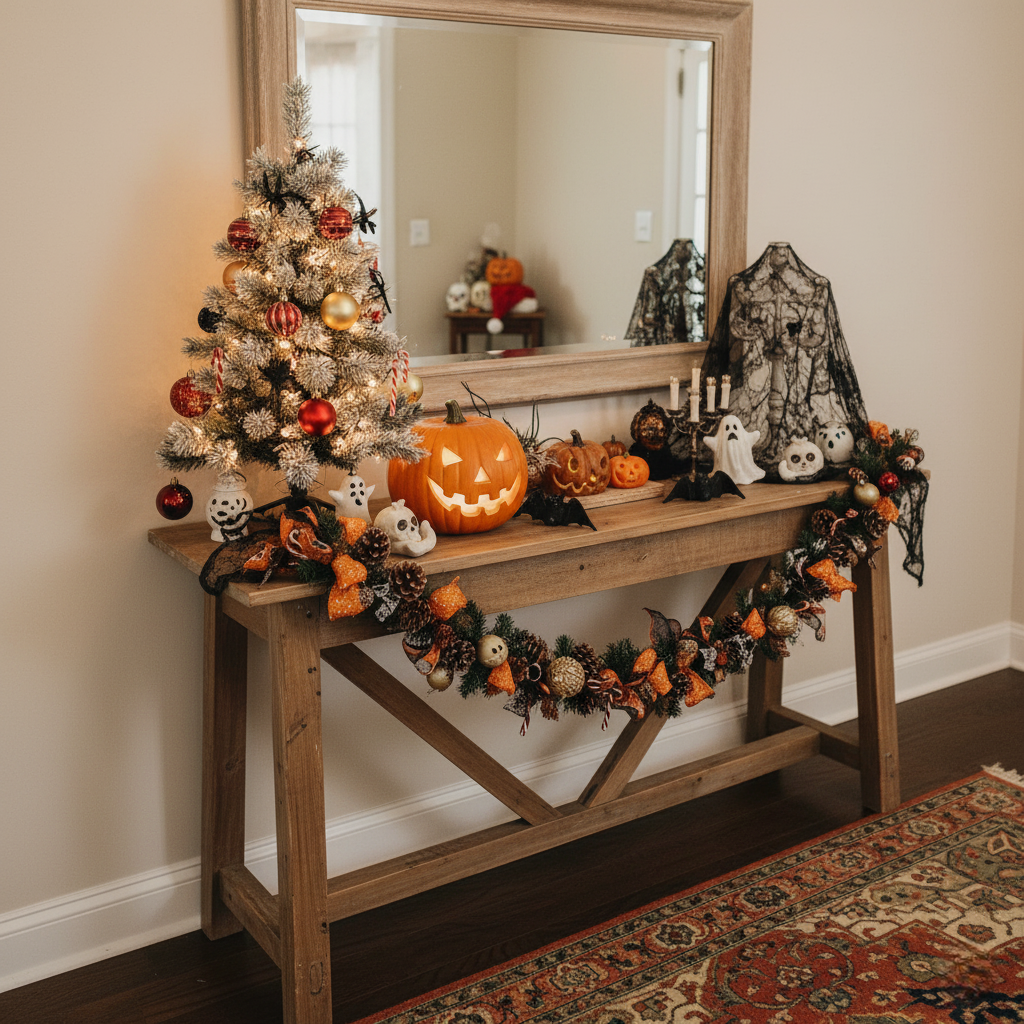 Seasonal home decor featuring Christmas and Halloween ornaments