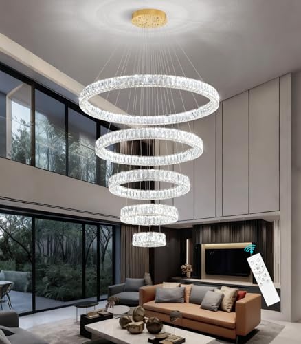 HAIXIANG 5-Rings Modern Chandelier with LED Dimmable Lights Crystal High Ceiling Chandeliers Lighting for Living Room Foyer Entryway Luxury Indoor Light Gold Fixtures
