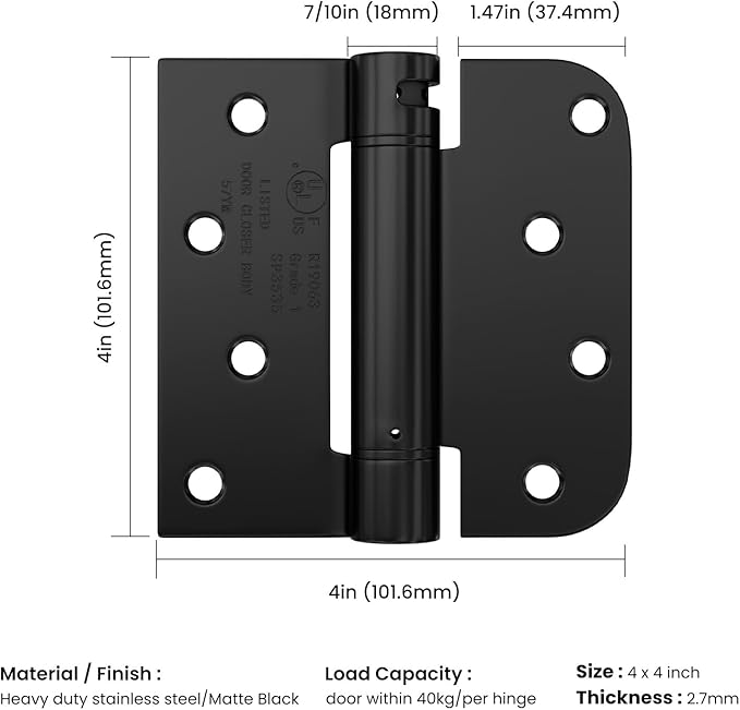 Haidms 12 Pack Self Closing Door Hinges 4 Inch Matte Black Spring Hinge with 5/8'' & Square Radius Corner Adjustable Tension Spring Loaded Hinges for Residential & Heavy-Duty Door Hardware