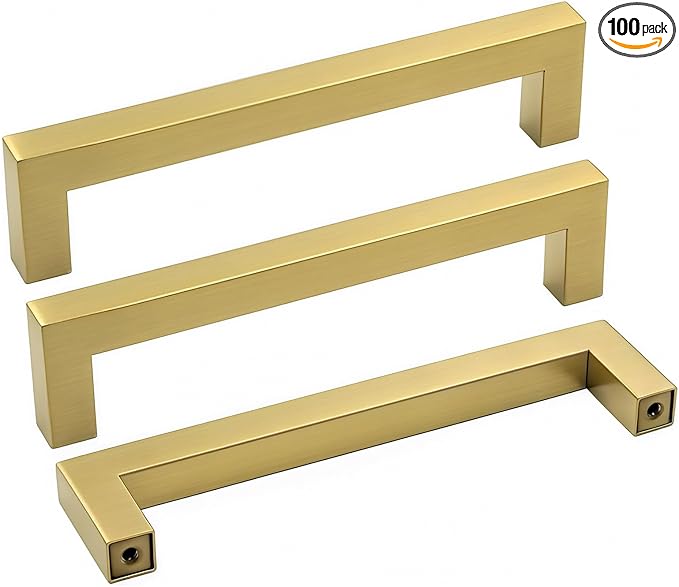 goldenwarm 100 Pack Gold Cabinet Pulls Brushed Brass Cabinet Hardware Brass Pulls for Cabinets Bathroom Dresser Drawer Pulls Furniture Cabinet Hardware 4-1/2"(115mm) Hole Centers
