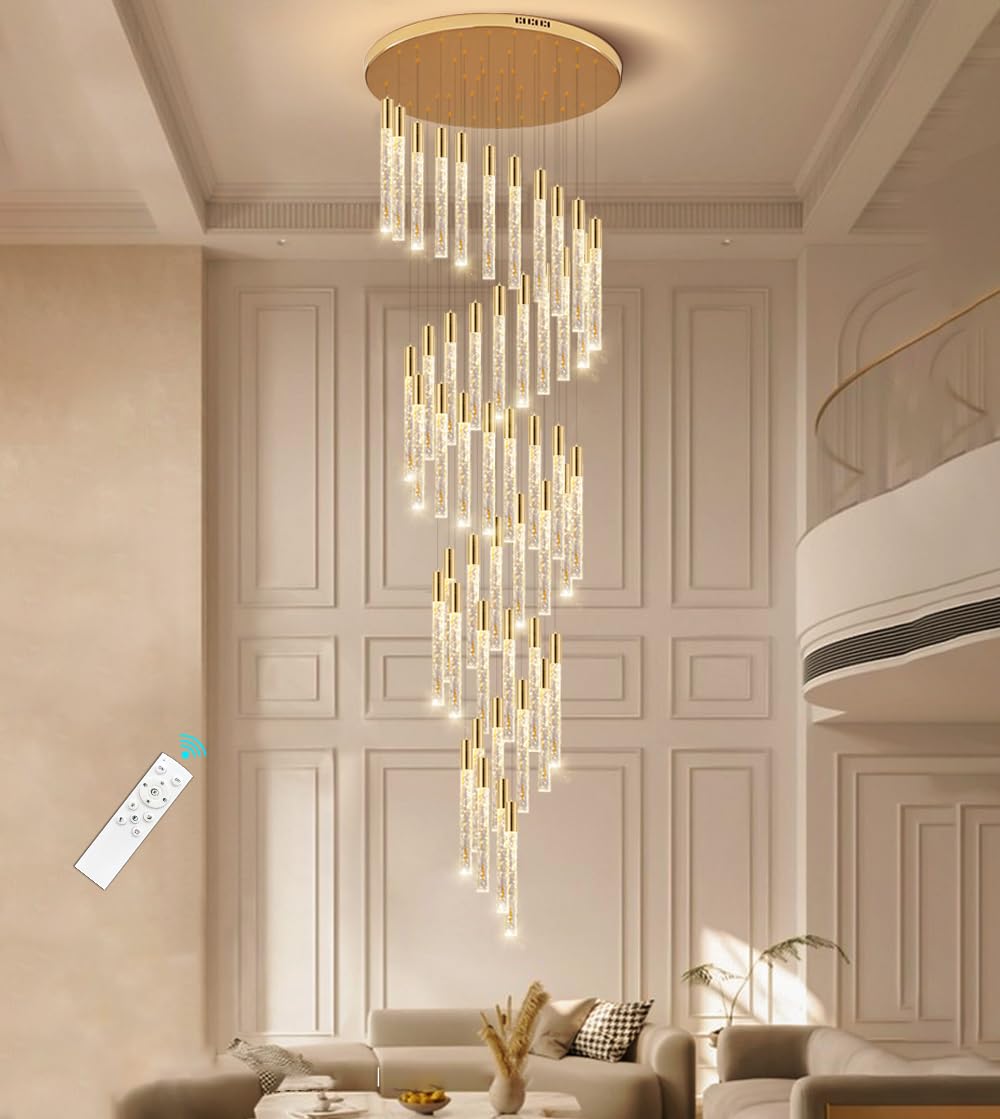 HAIXIANG 16 Foot Chandeliers for Living Room Entryway High Ceiling Light Fixtures Sloped Flush Mount Ceiling Pendant Lighting Dimmable Chandelier with Remote LED Crystal Pendants Lighting Gold Light