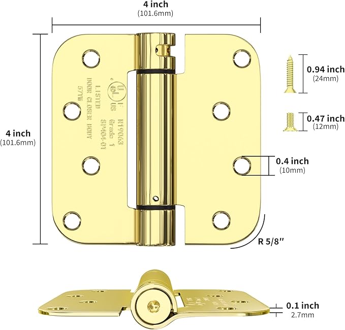 goldenwarm 3 Pack 4 Inch Polished Brass Self Closing Door Hinges with 5/8'' Radius Corners - Adjustable Tension Soft Close Hinges for Interior/Exterior Doors, Durable & Quiet Closure