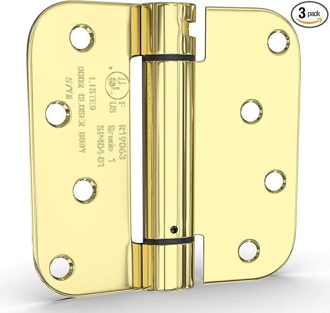 goldenwarm 3 Pack 4 Inch Polished Brass Self Closing Door Hinges with 5/8'' Radius Corners - Adjustable Tension Soft Close Hinges for Interior/Exterior Doors, Durable & Quiet Closure