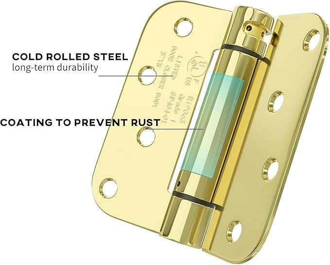 goldenwarm 3 Pack 4 Inch Polished Brass Self Closing Door Hinges with 5/8'' Radius Corners - Adjustable Tension Soft Close Hinges for Interior/Exterior Doors, Durable & Quiet Closure
