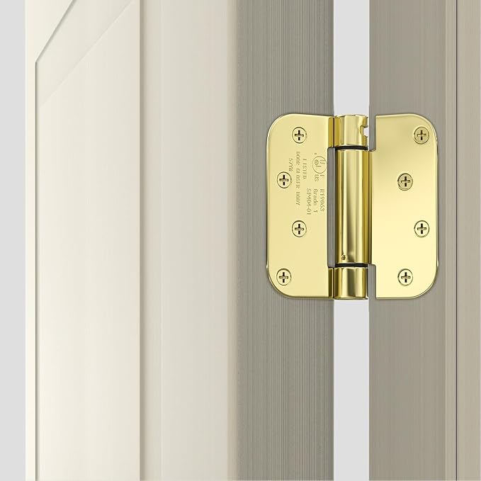 goldenwarm 3 Pack 4 Inch Polished Brass Self Closing Door Hinges with 5/8'' Radius Corners - Adjustable Tension Soft Close Hinges for Interior/Exterior Doors, Durable & Quiet Closure