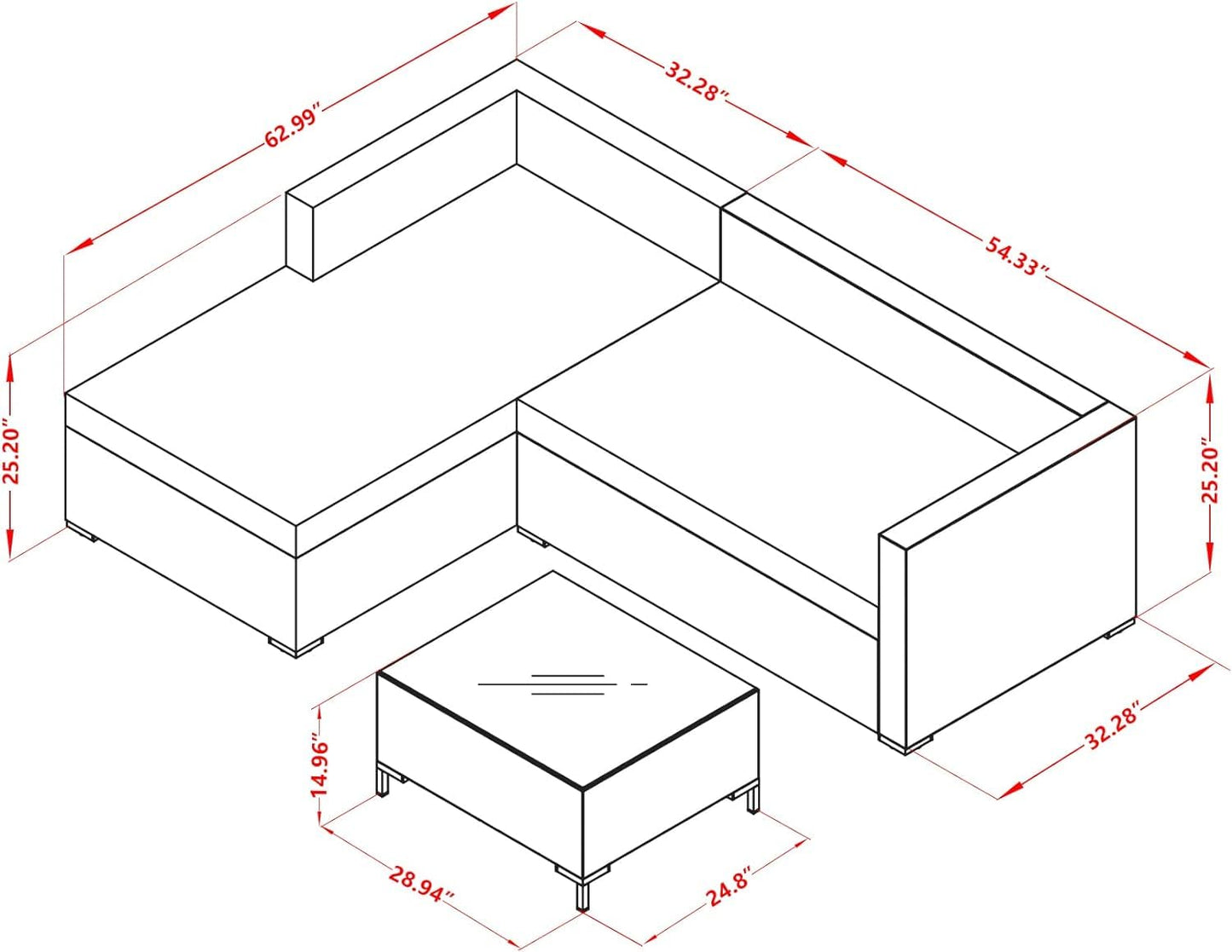 East West Furniture ACL3S02A 3 Piece Patio Conversation Set - Outdoor Sectional Sofa Set Contains a Rectangle Glass Top Wicker Coffee Table and Linen Fabric Cushion , 63x87 Inch, Brown
