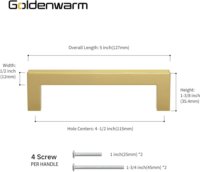 goldenwarm 100 Pack Gold Cabinet Pulls Brushed Brass Cabinet Hardware Brass Pulls for Cabinets Bathroom Dresser Drawer Pulls Furniture Cabinet Hardware 4-1/2"(115mm) Hole Centers