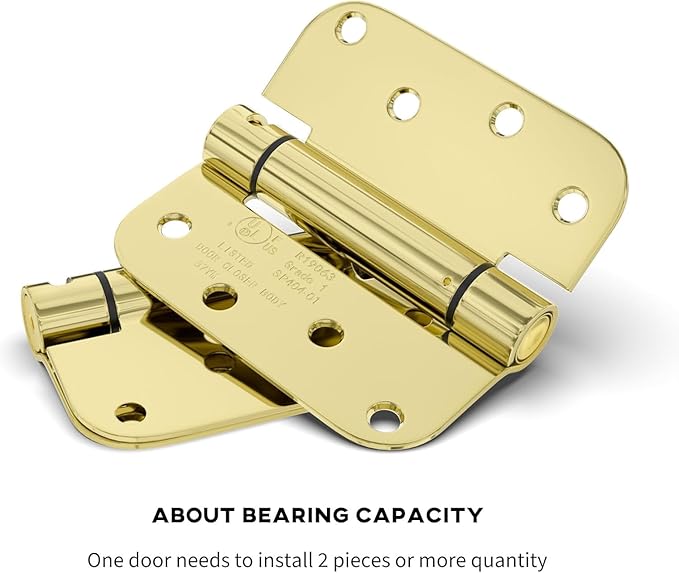 goldenwarm 3 Pack 4 Inch Polished Brass Self Closing Door Hinges with 5/8'' Radius Corners - Adjustable Tension Soft Close Hinges for Interior/Exterior Doors, Durable & Quiet Closure