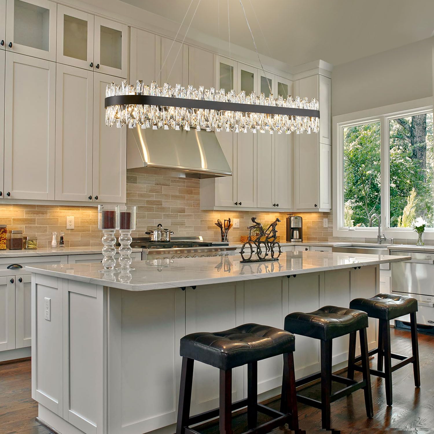 TMAFON Modern Black Crystal Chandelier for Dining Room, Rectangle K9 Crystal Raindrop Chandelier Lights, Contemporary Ceiling Hanging Light Fixtures for Kitchen Island Dining Room, Length 57 inches