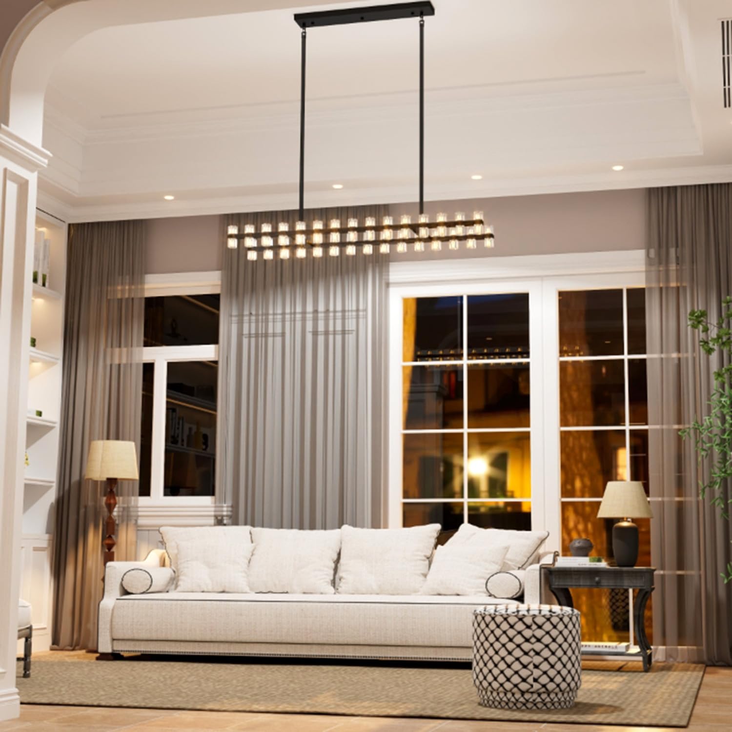 Black Rectangular Crystal Chandelier Light Fixture 53.4 in Dining Room Chandelier Over Table Modern Farmhouse Ceiling Pendant Hanging Light Fixture for Living Room, Kitchen Island (Bulb not Included)