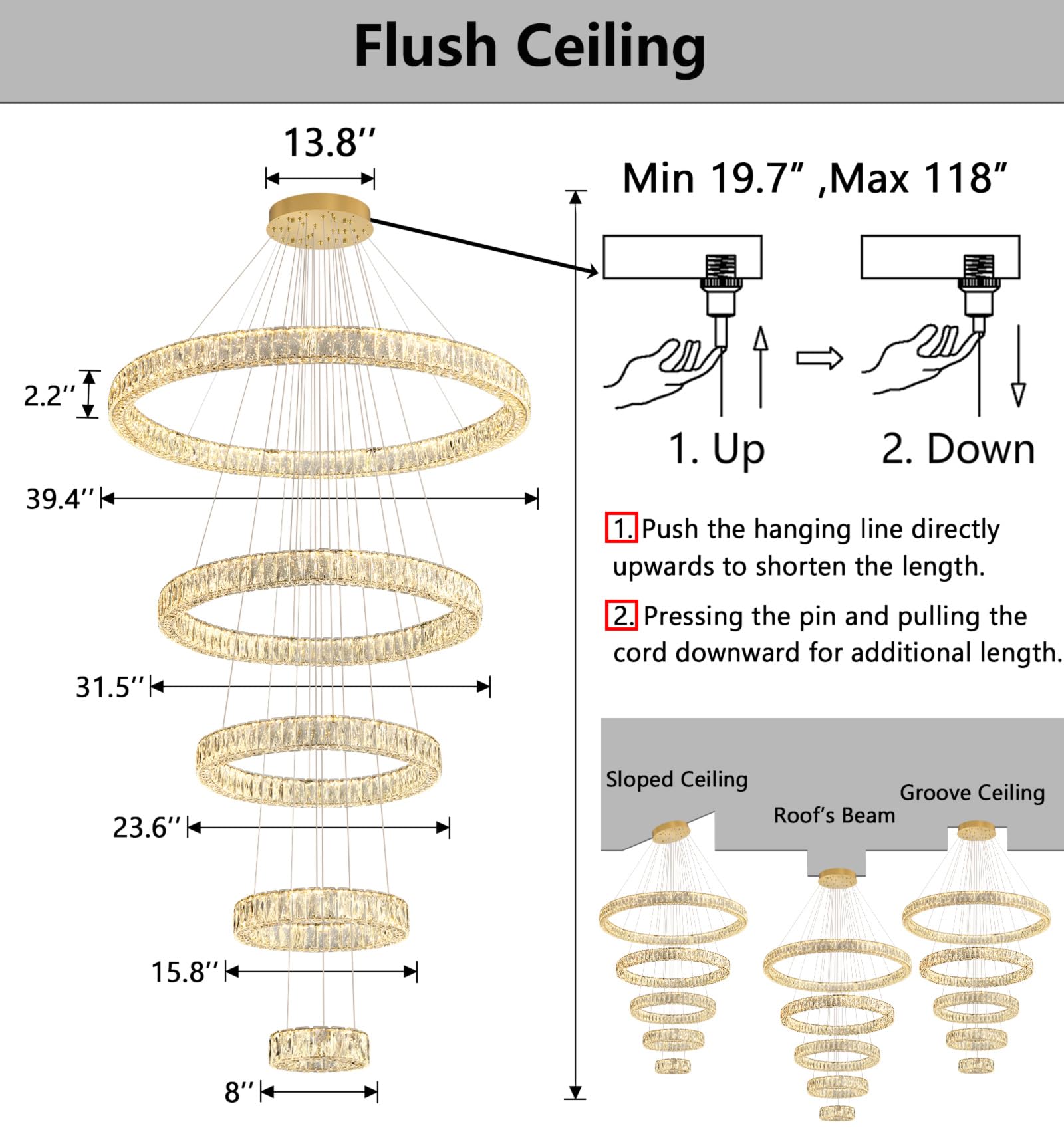 HAIXIANG 5-Rings Modern Chandelier with LED Dimmable Lights Crystal High Ceiling Chandeliers Lighting for Living Room Foyer Entryway Luxury Indoor Light Gold Fixtures