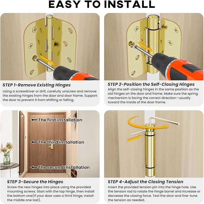 goldenwarm 3 Pack 4 Inch Polished Brass Self Closing Door Hinges with 5/8'' Radius Corners - Adjustable Tension Soft Close Hinges for Interior/Exterior Doors, Durable & Quiet Closure