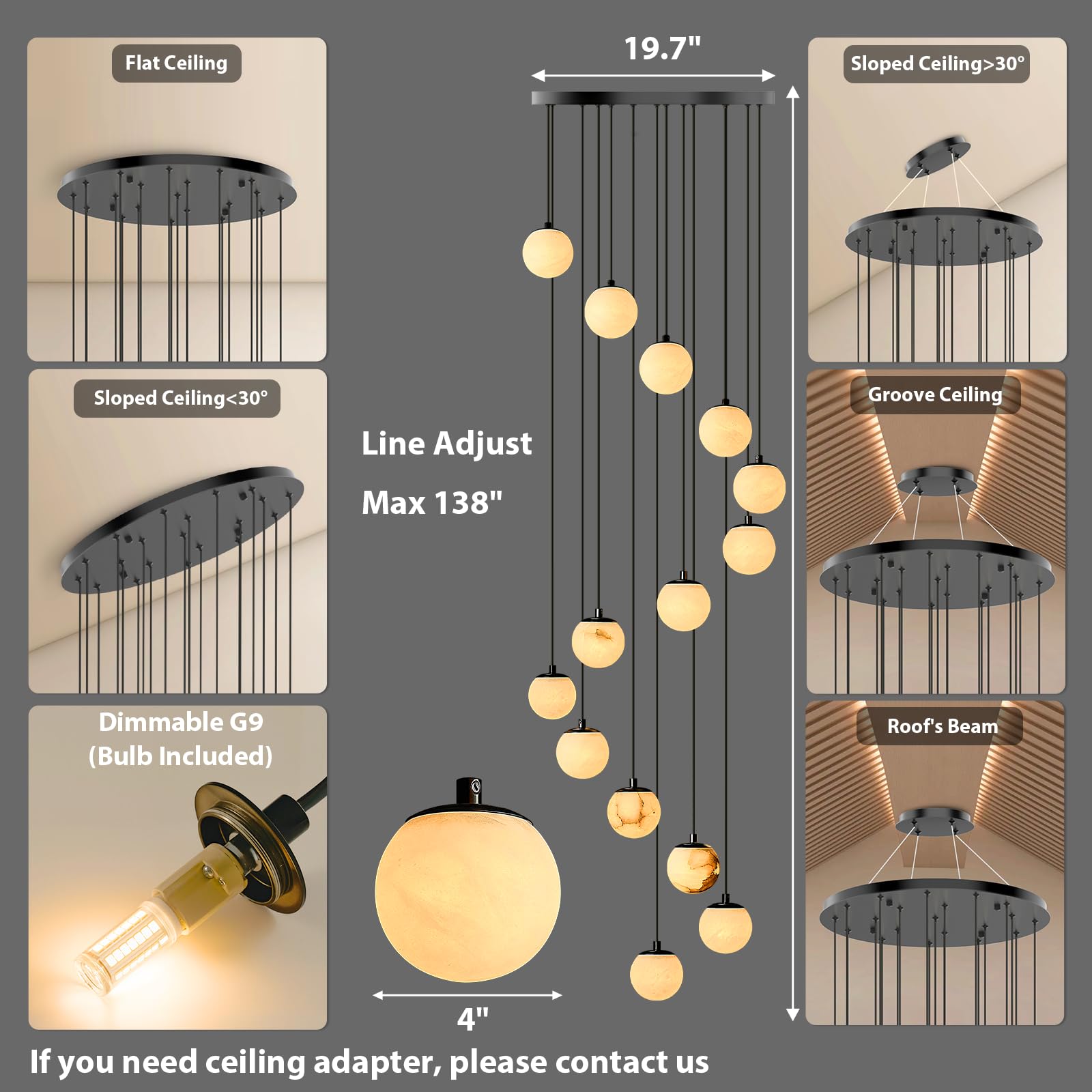 Alabaster High Ceiling Chandelier for Staircase: Marble 14 Lights Large Long Chandeliers For High Ceilings Living Room - Modern Spiral Big Hanging Pendant Light Black Dimmable Entryway Foyer Fixture