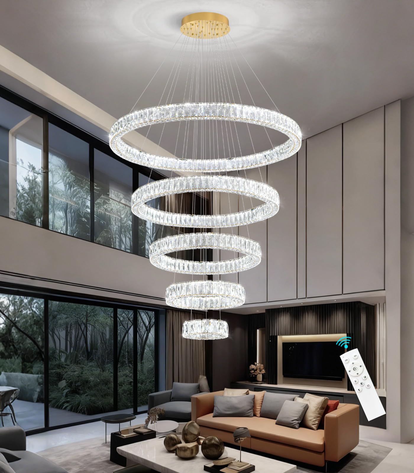 HAIXIANG 5-Rings Modern Chandelier with LED Dimmable Lights Crystal High Ceiling Chandeliers Lighting for Living Room Foyer Entryway Luxury Indoor Light Gold Fixtures