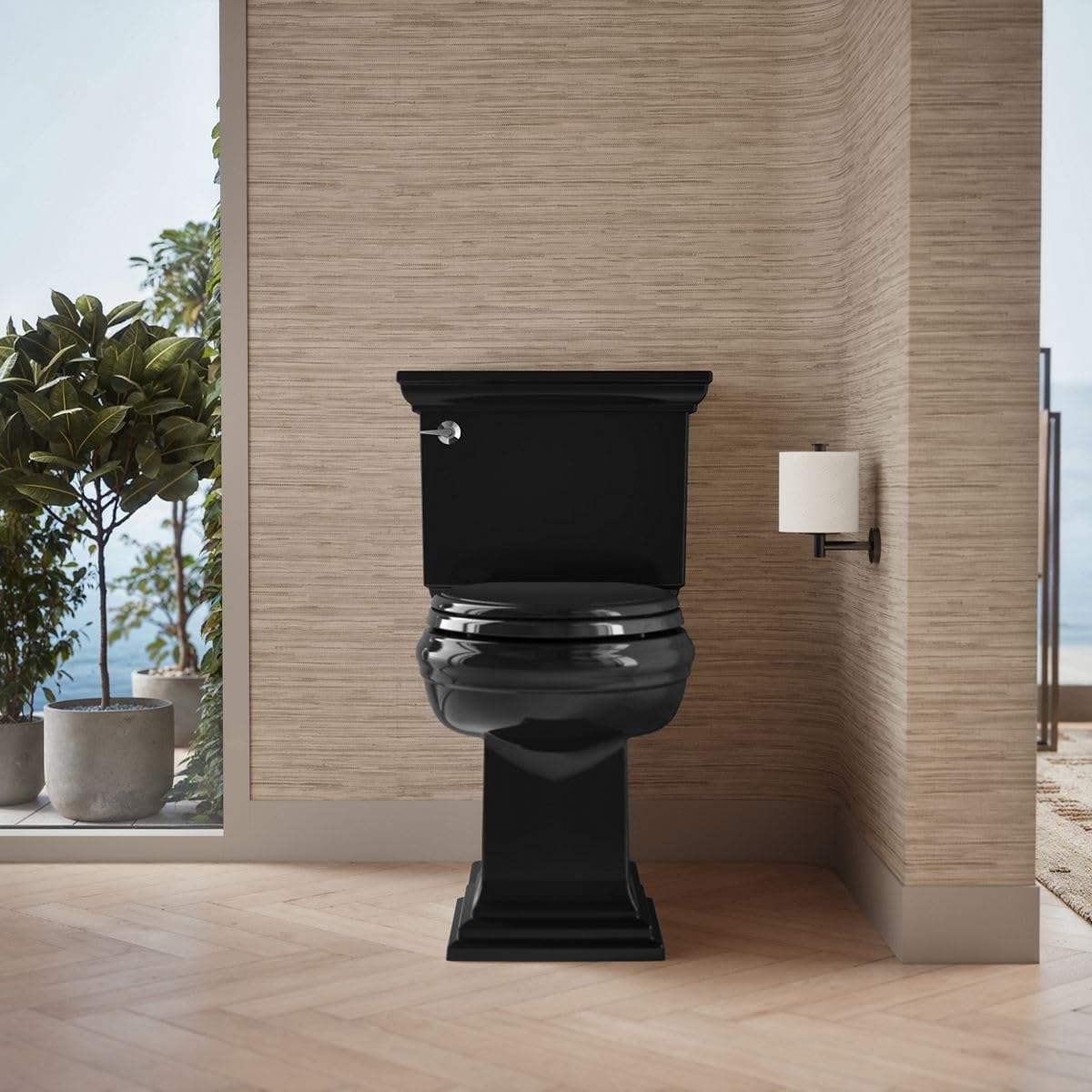 KOHLER K-6669-7 Memoirs Stately Comfort Height Elongated 1.28 GPF Toilet with Aqua Piston Flush Technology, Concealed Trap Way and Left-Hand Trip Lever (2 Piece), Black