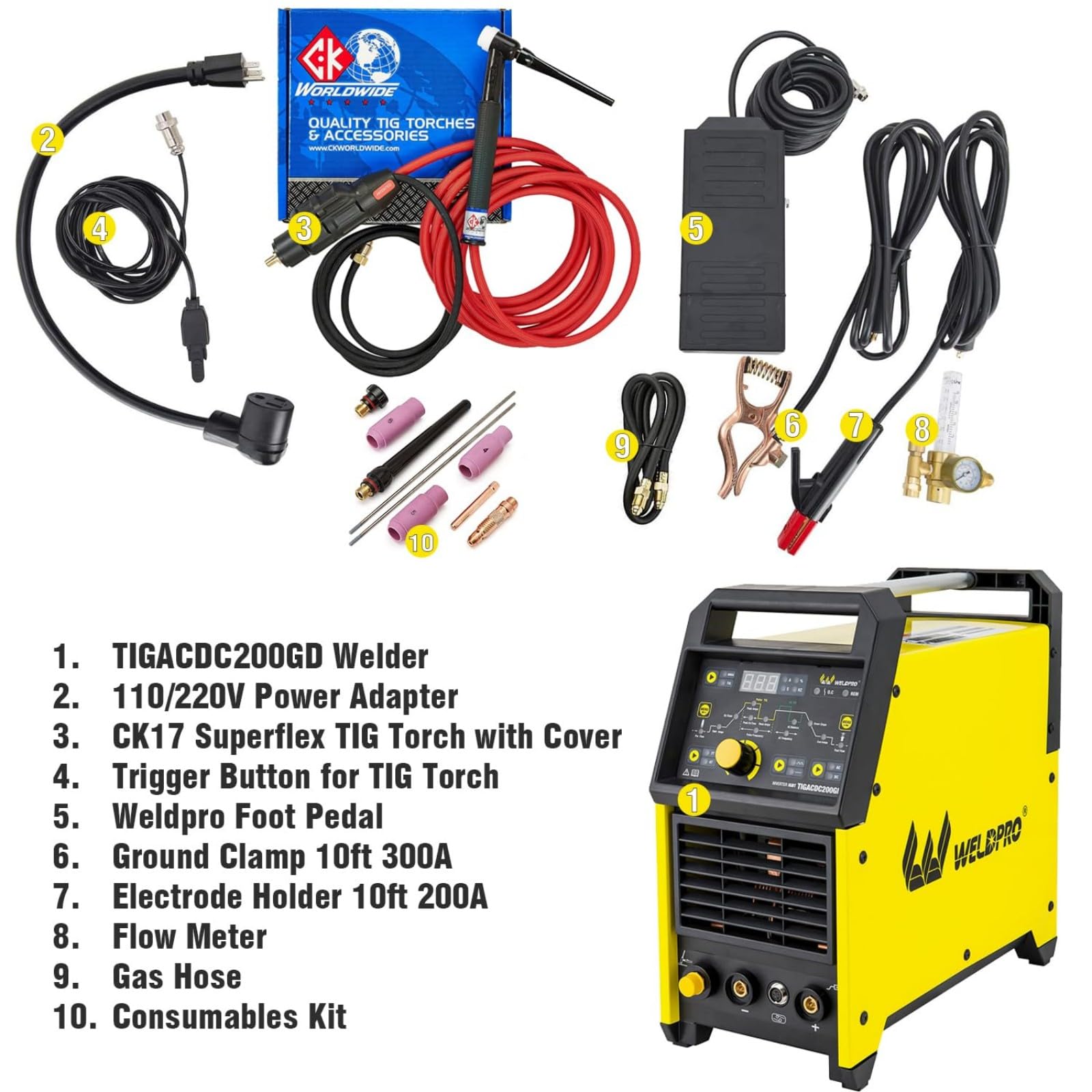 Weldpro TIG Welder AC/DC 200A with Pulse, Aluminum TIG Welder 110V/220V with CK17 TIG Torch AC TIG/DC TIG/AC PULSE TIG/DC PULSE TIG/Stick 5 in 1 MultiProcess Welding Machine with Foot Pedal