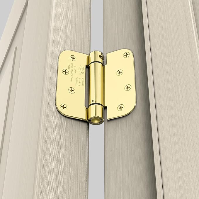 goldenwarm 3 Pack 4 Inch Polished Brass Self Closing Door Hinges with 5/8'' Radius Corners - Adjustable Tension Soft Close Hinges for Interior/Exterior Doors, Durable & Quiet Closure
