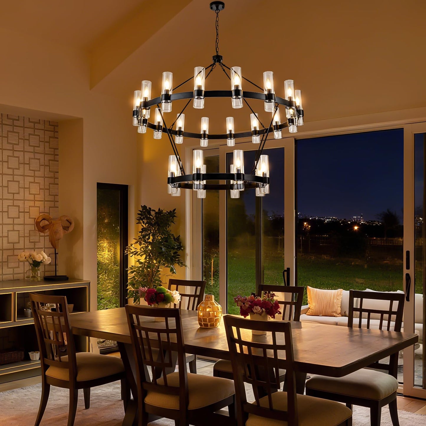 48" Modern High Ceiling Chandelier, 2 Tier Wagon Wheel Chandelier with Glass Shade, 24-Lights Large Round Modern Farmhouse Pendant Lighting Fixture for Dining Room, Living Room,Kitchen, Foyer