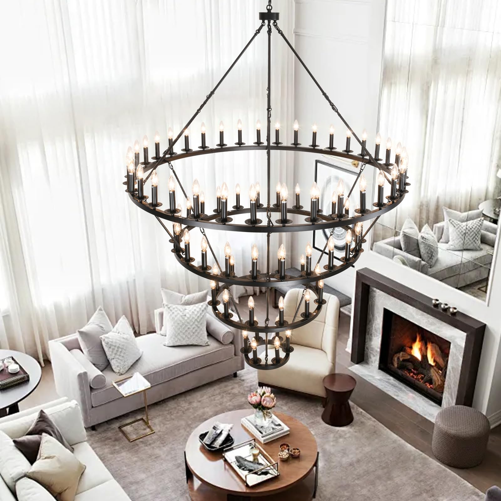 QJMPP 4 Tier Black Wagon Wheel Chandelier,Extra Large 60-Inch 78-Light Circle Light Fixture,Round Chandeliers for Foyer Entryway Dining Room Living Room High Ceilings