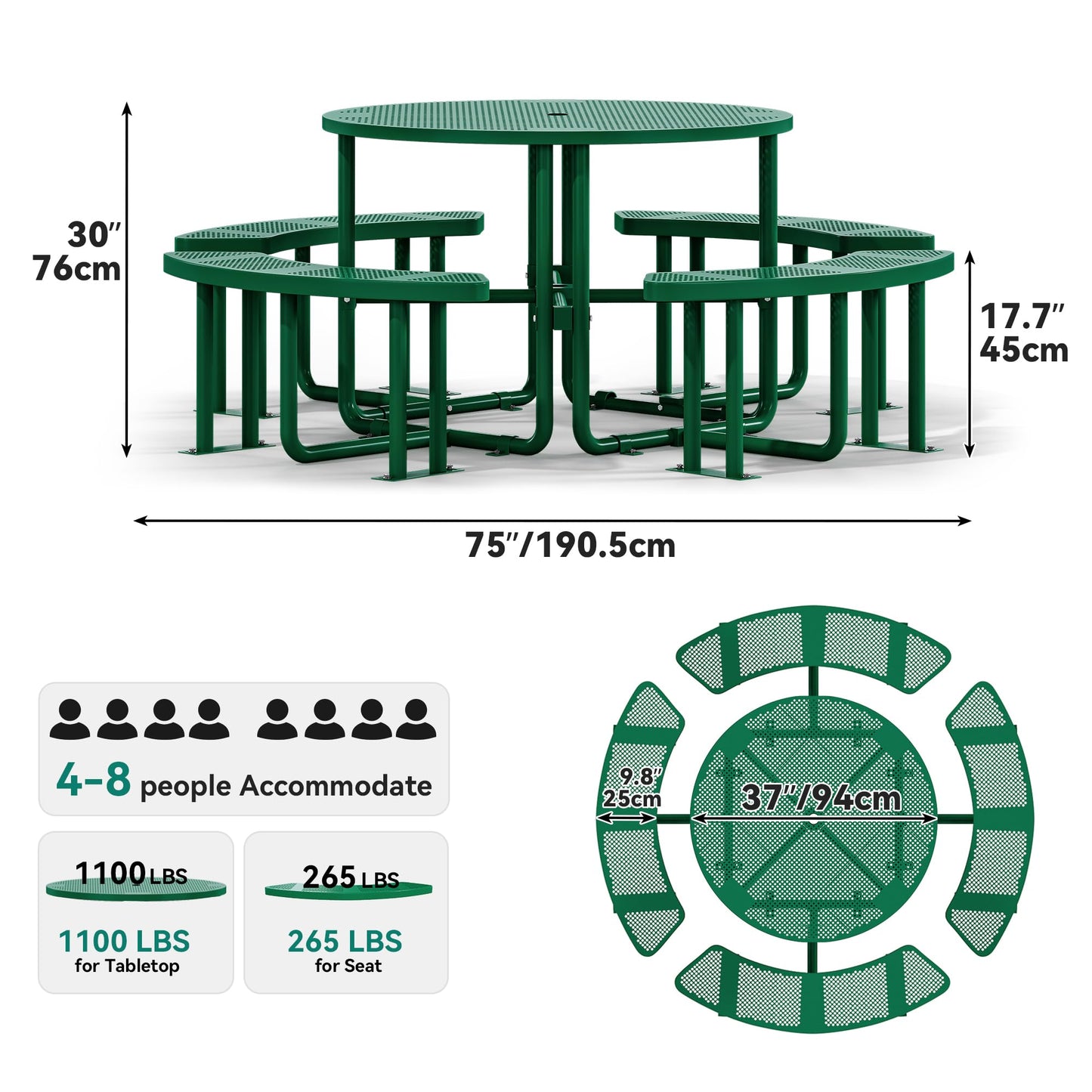 YITAHOME Metal Picnic Table, Powder Coated Outdoor Picnic Table with Heavy-Duty Steel Frame, Adjustable Seats & Umbrella Hole for Yard, Patio, Lawn, Party, Green, Round