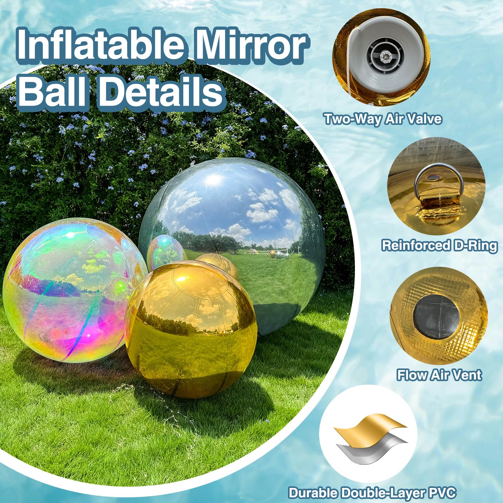 6PCS Iridescent Inflatable Mirror Ball, Big Shinny Balls with Air Pump Reusable Large PVC Disco Ball Balloon for Large Event Decoration, Party, Concerts, Stage, Wedding Decor
