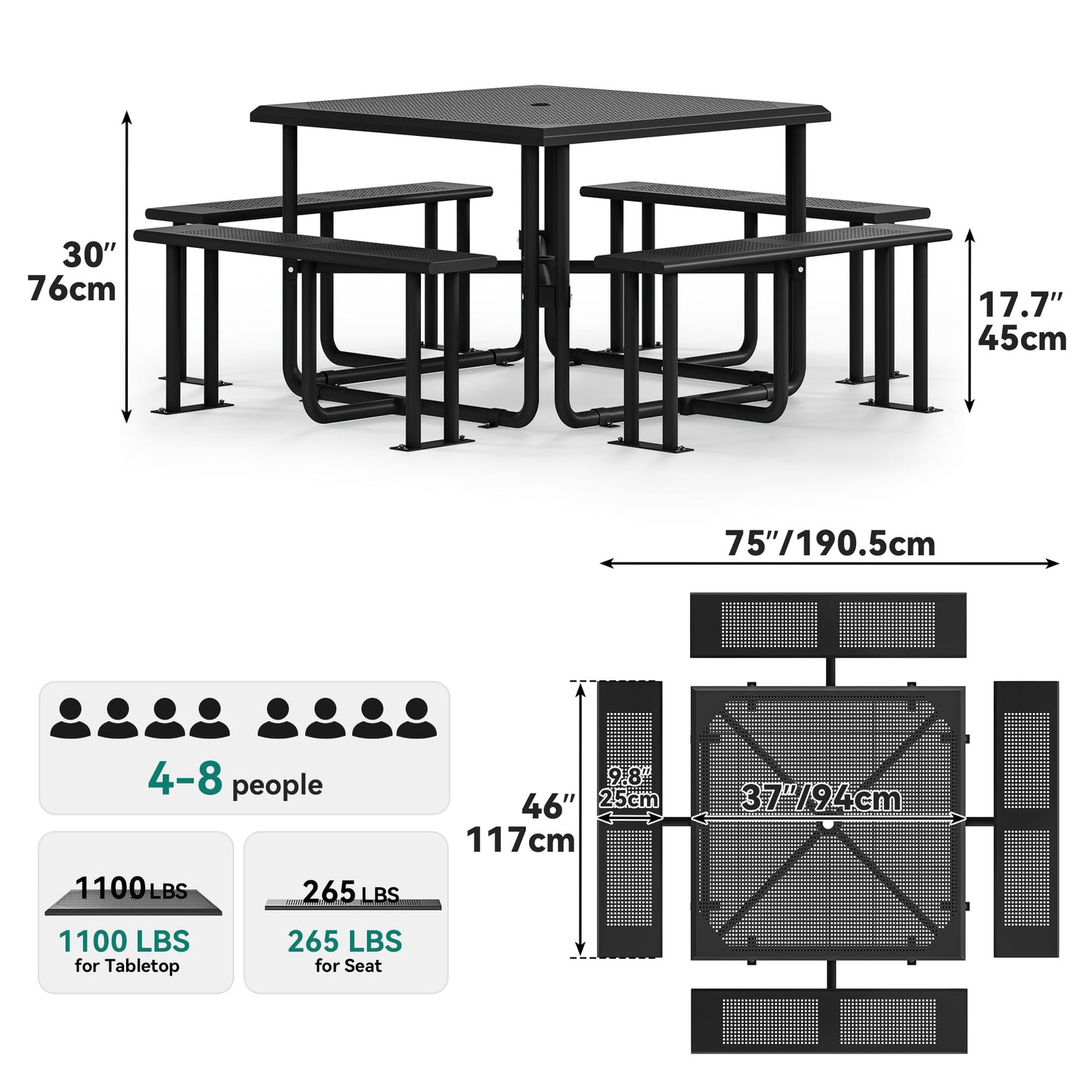 YITAHOME 37" Metal Picnic Table, Powder Coated Outdoor Picnic Table with Heavy-Duty Steel Frame, Adjustable Seats & Umbrella Hole for Yard, Patio, Lawn, Party, Black, Square