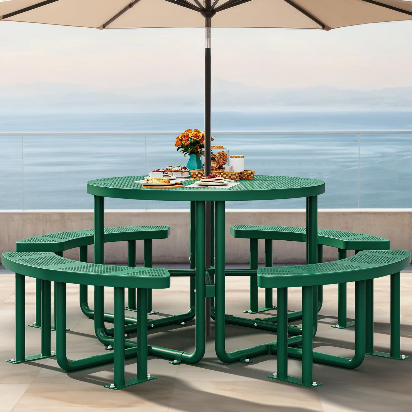 YITAHOME Metal Picnic Table, Powder Coated Outdoor Picnic Table with Heavy-Duty Steel Frame, Adjustable Seats & Umbrella Hole for Yard, Patio, Lawn, Party, Green, Round