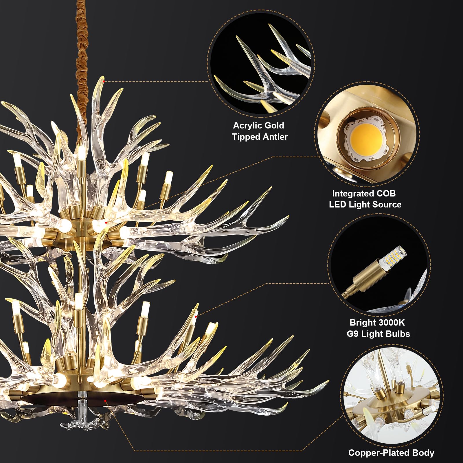 RinkBik Acrylic Deer Antler Chandelier Lighting, Deer Horn Chandelier Lighting, Deer Antler Hanging Ceiling Light Fixtures for Living Dining Room Gold & Gold Tipped 59.1