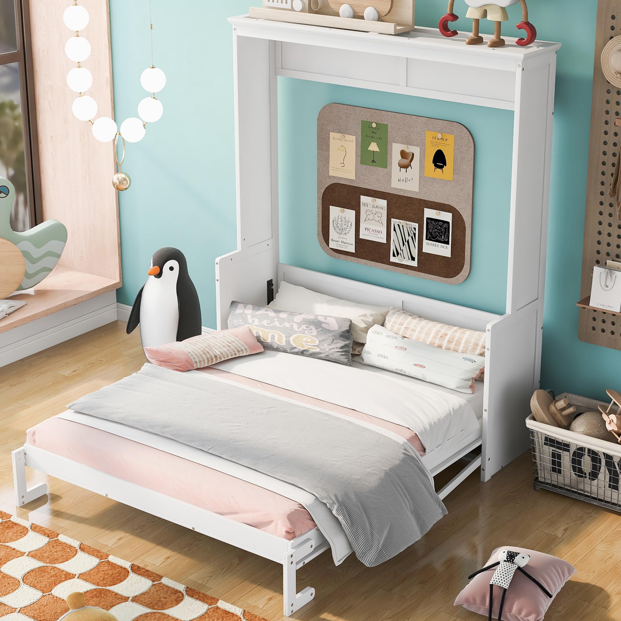 PacknWood Acosure Queen Size Murphy Bed with a Shelf,Bedroom Wall Bed Frame W/can Easily Fold The Beds into a Cabinet,No Spring Box Needed,Space-Saving,for Kids Teens Girls Boys,White