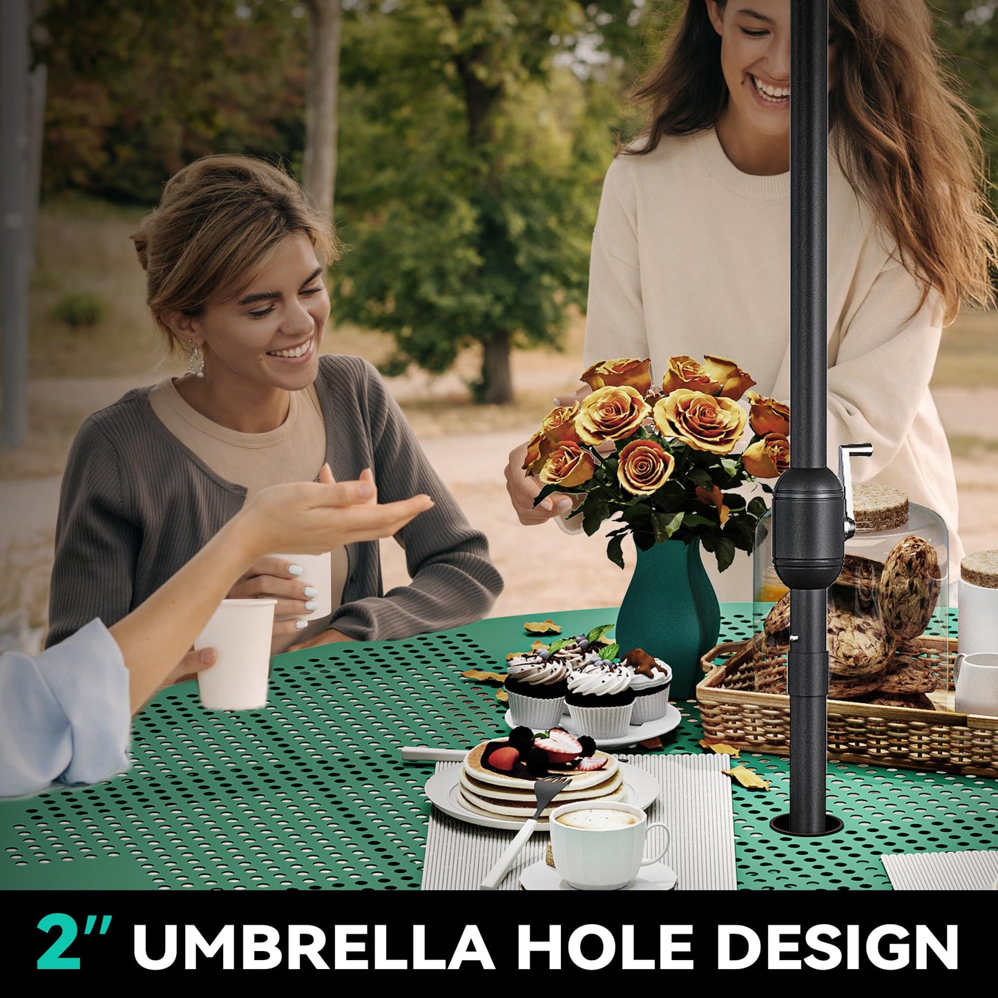 YITAHOME Metal Picnic Table, Powder Coated Outdoor Picnic Table with Heavy-Duty Steel Frame, Adjustable Seats & Umbrella Hole for Yard, Patio, Lawn, Party, Green, Round