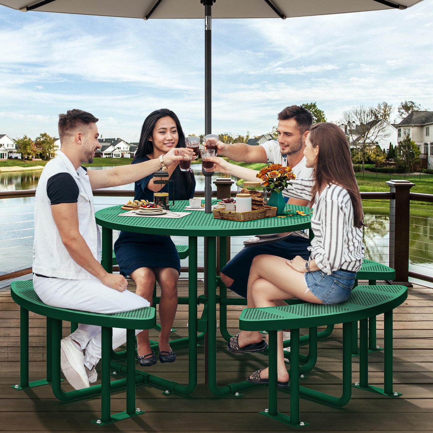 YITAHOME Metal Picnic Table, Powder Coated Outdoor Picnic Table with Heavy-Duty Steel Frame, Adjustable Seats & Umbrella Hole for Yard, Patio, Lawn, Party, Green, Round