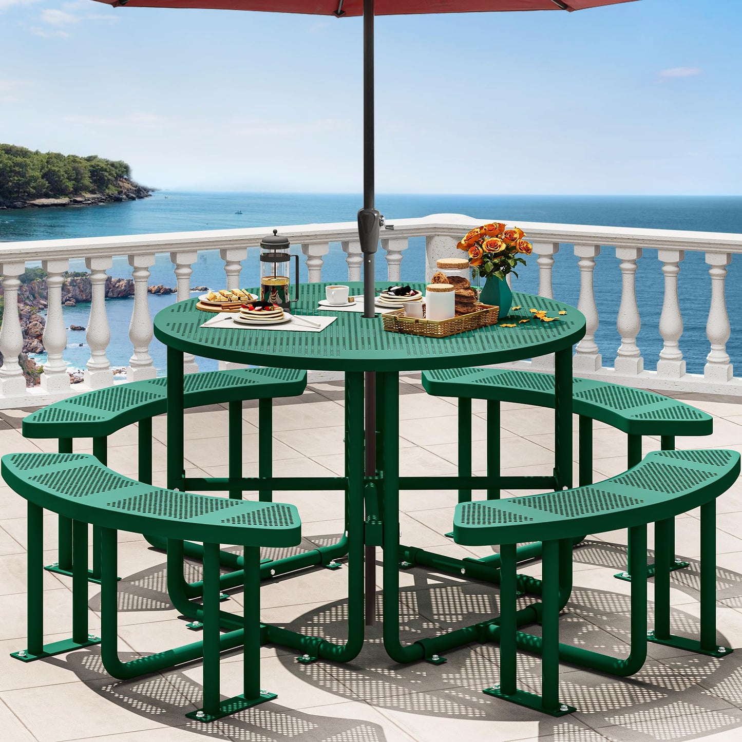 YITAHOME Metal Picnic Table, Powder Coated Outdoor Picnic Table with Heavy-Duty Steel Frame, Adjustable Seats & Umbrella Hole for Yard, Patio, Lawn, Party, Green, Round