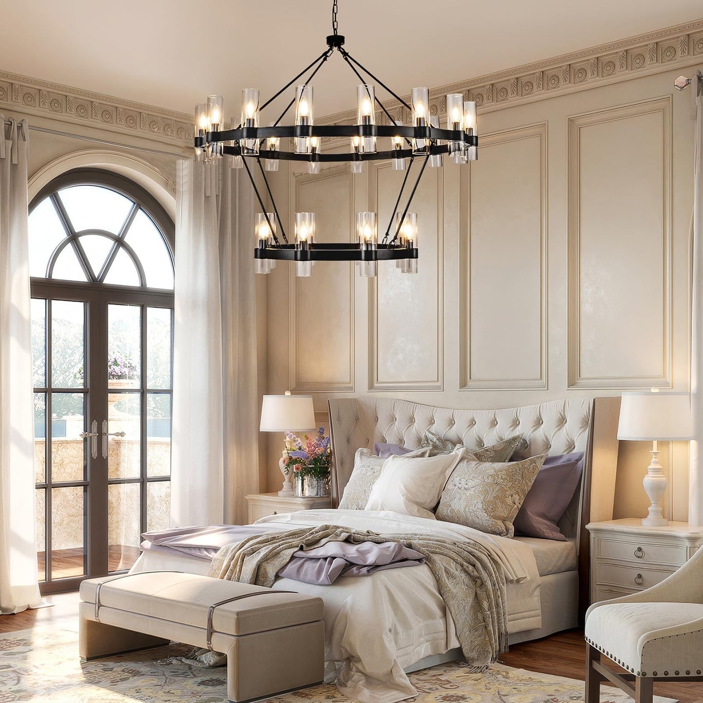 48" Modern High Ceiling Chandelier, 2 Tier Wagon Wheel Chandelier with Glass Shade, 24-Lights Large Round Modern Farmhouse Pendant Lighting Fixture for Dining Room, Living Room,Kitchen, Foyer