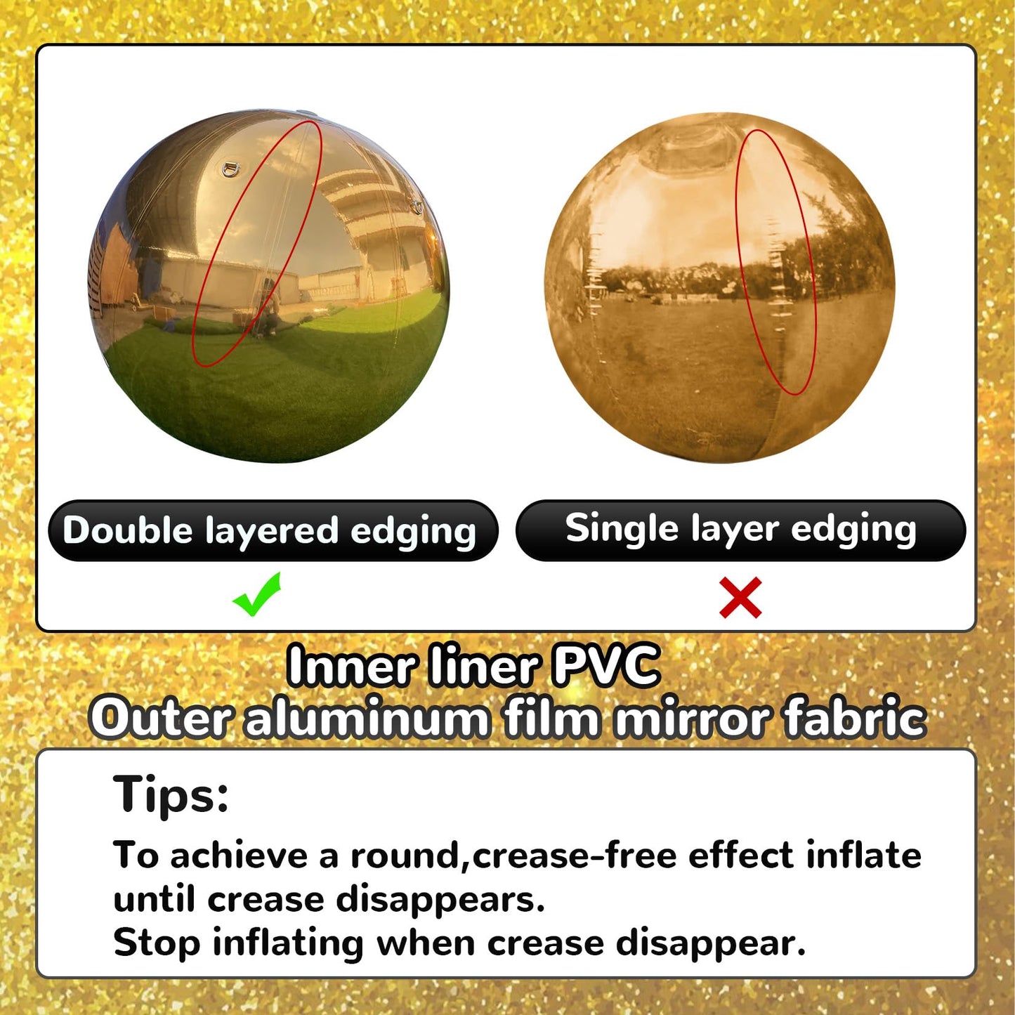 Ninghaovov 5Pcs Inflatable Mirror Ball, Gold Big Shiny Balls Inflatable-Includes 23.6in/31.4in/39.3in/47.2in/59in
