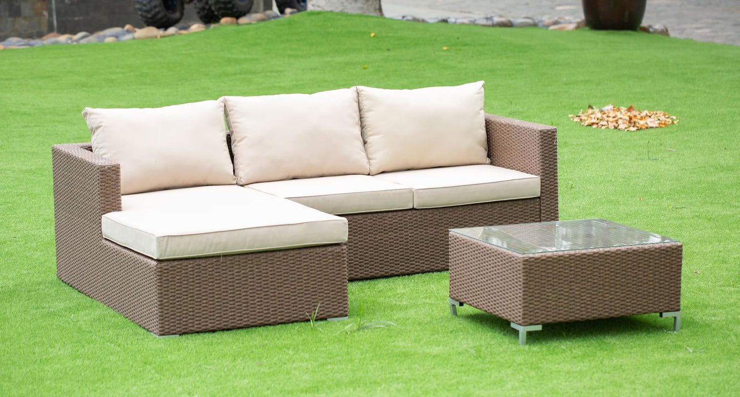 East West Furniture ACL3S02A 3 Piece Patio Conversation Set - Outdoor Sectional Sofa Set Contains a Rectangle Glass Top Wicker Coffee Table and Linen Fabric Cushion , 63x87 Inch, Brown