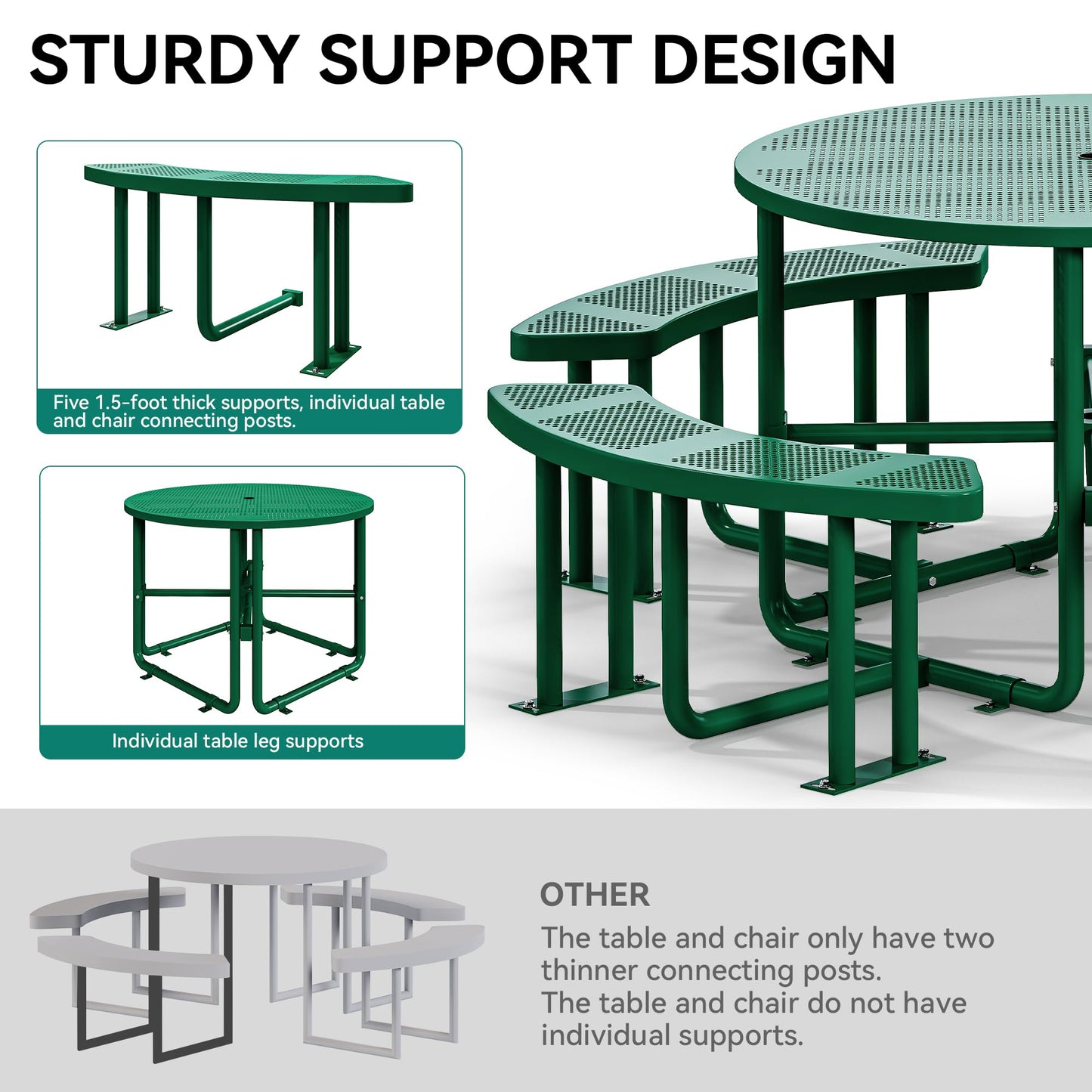YITAHOME Metal Picnic Table, Powder Coated Outdoor Picnic Table with Heavy-Duty Steel Frame, Adjustable Seats & Umbrella Hole for Yard, Patio, Lawn, Party, Green, Round