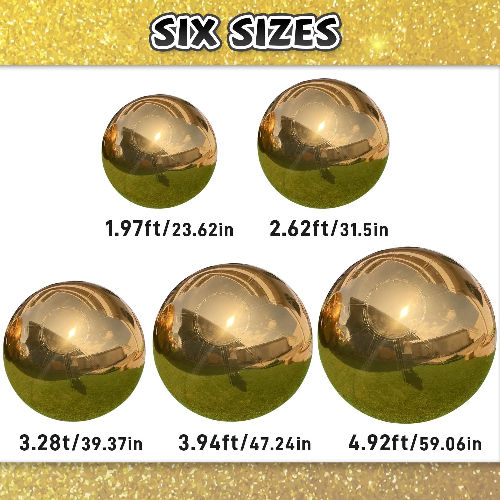 Ninghaovov 5Pcs Inflatable Mirror Ball, Gold Big Shiny Balls Inflatable-Includes 23.6in/31.4in/39.3in/47.2in/59in