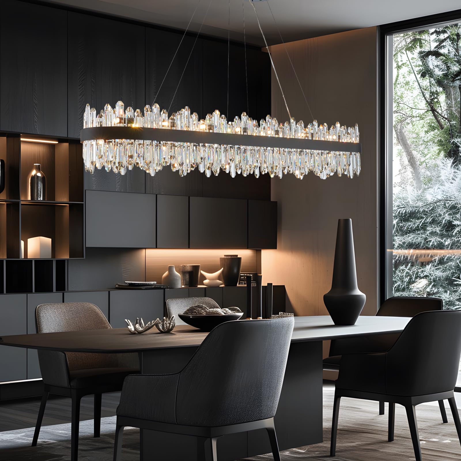 DUNFIZZ Modern Rectangular Crystal Chandelier, L57” Black Raindrop Chandelier Lighting Contemporary Pendant Ceiling Light Fixture for Dining Room Living Room Kitchen Island, G9 x 32 Lights