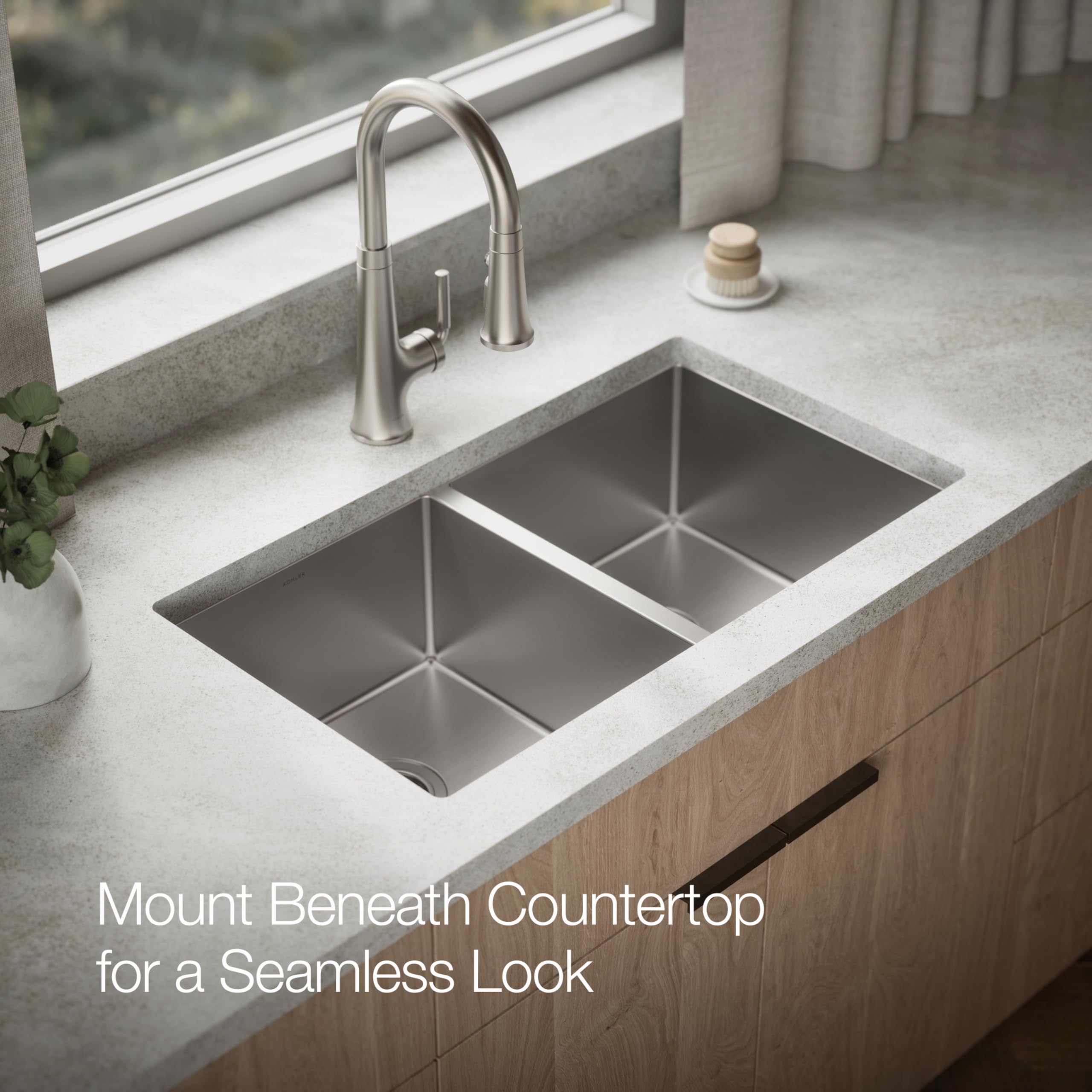 KOHLER K-5281-NA Strive 32 X 18-1/4 X 9-5/16-Inch Under-Mount Double-Equal Kitchen Sink with Basin Rack, Stainless Steel, 1-Pack