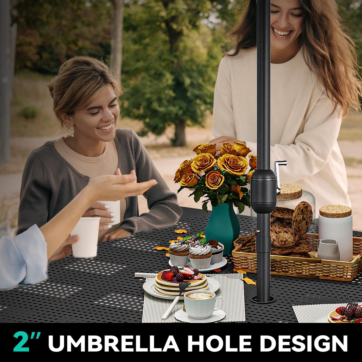 YITAHOME 37" Metal Picnic Table, Powder Coated Outdoor Picnic Table with Heavy-Duty Steel Frame, Adjustable Seats & Umbrella Hole for Yard, Patio, Lawn, Party, Black, Square