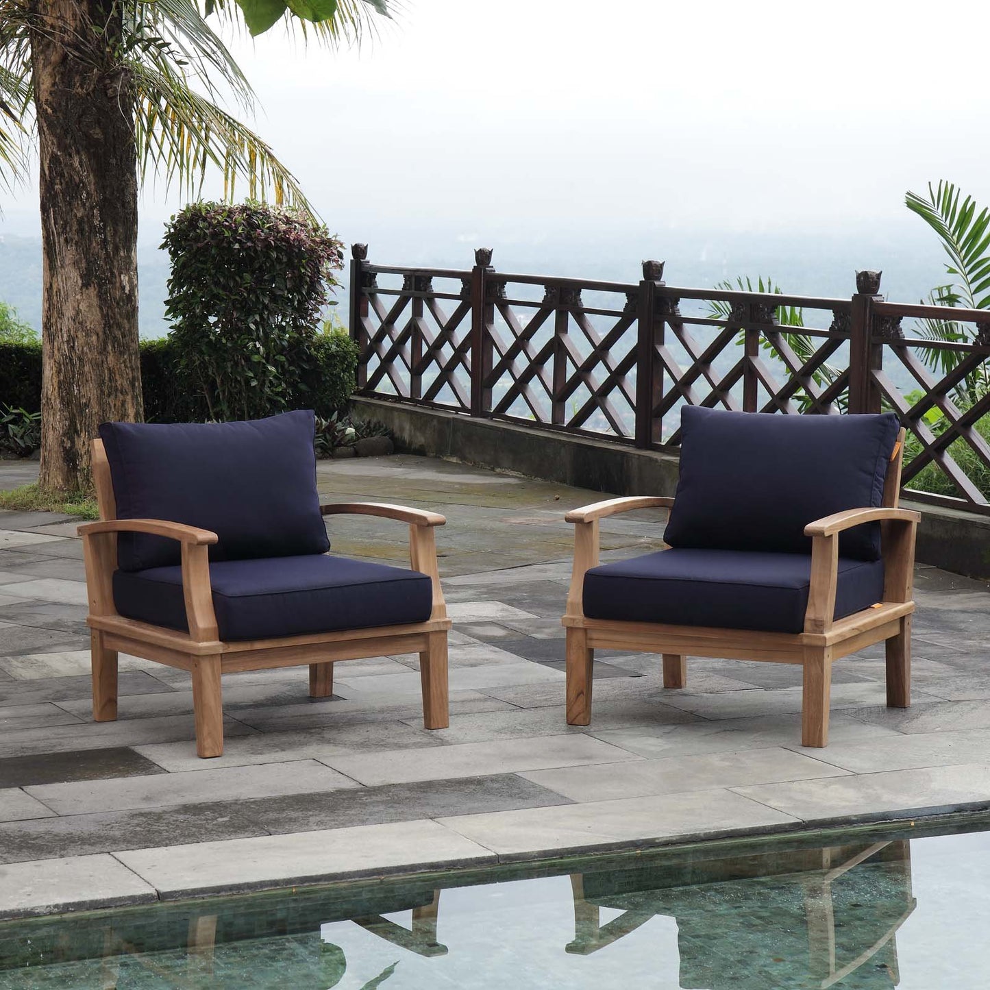 Modway EEI-1819-NAT-NAV-SET Marina Premium Grade A Teak Wood Outdoor Patio Armchairs-Set of 2, Natural Navy
