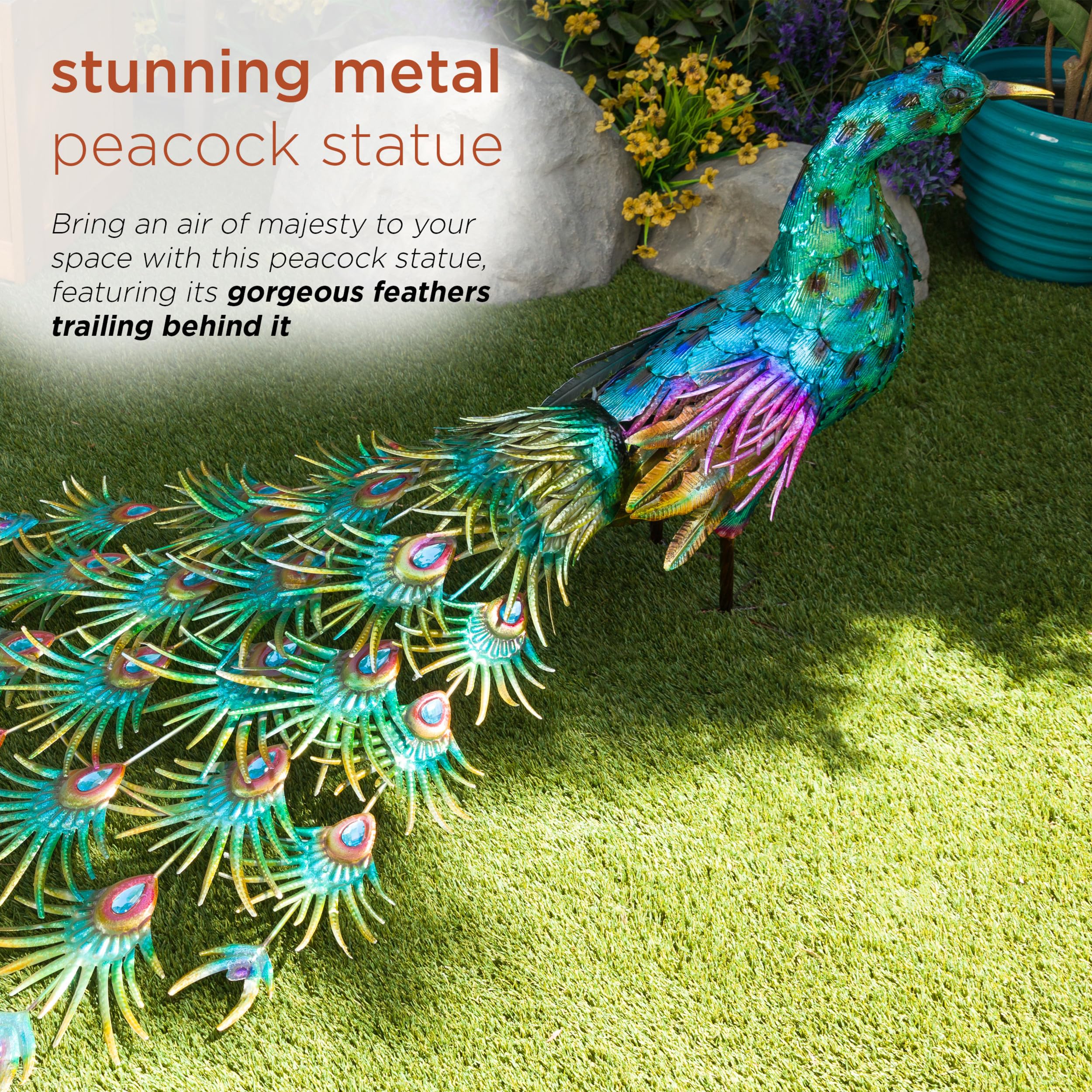 Alpine Corporation HEH378 Metal Jumbo Sized Majestic Peacock Decor, Elegant Garden & Patio Bird Statue, 33